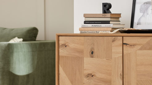 Sideboard Roomio® aus Holz in Holzfarben Roomio No. 2002 - Sideboard Eiche & schwarzes Metall - zwei Türen, eine Schublade, Länge ca. 140 cm