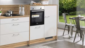 Einbauküche Pino aus Holz in Hellgrau pino Einbauküche inklusive Einbaugeräte Kaschmirgrau & Evoke Eiche - Länge ca. 343 cm