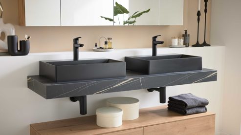 Waschtisch-Set / Waschbecken-Set Interliving aus Holz in Schwarz Interliving Bad Serie 7198 – Konsolen-Set Marmor Venato Nero - Länge ca. 160 cm