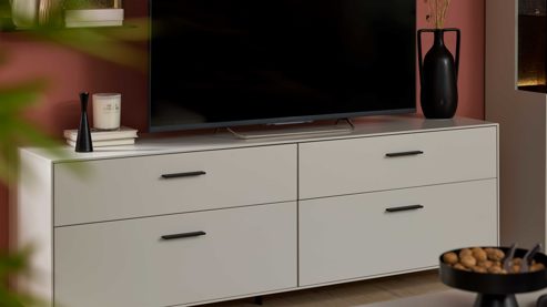 Lowboard Interliving aus Holz in Weiß Interliving Wohnzimmer Serie 2030 PLUS - Lowboard Sahara Creme & Granitfurnier - zwei Schubladen, Länge ca. 180 cm