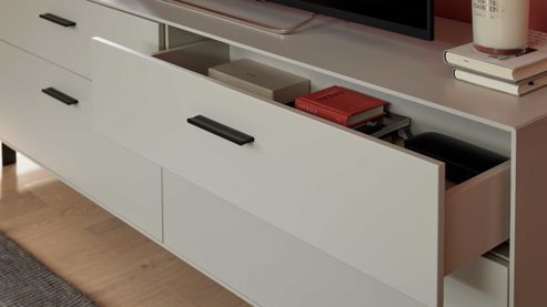 Wohnwand Interliving aus Holz in Weiß Interliving Wohnzimmer Serie 2030 PLUS - Wohnwand 80 Sahara Creme & Granitfurnier - fünfteilig, Länge ca. 309 cm