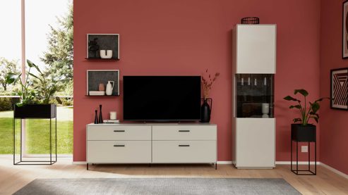 Wohnwand Interliving aus Holz in Weiß Interliving Wohnzimmer Serie 2030 PLUS - Wohnwand 80 Sahara Creme & Granitfurnier - fünfteilig, Länge ca. 309 cm