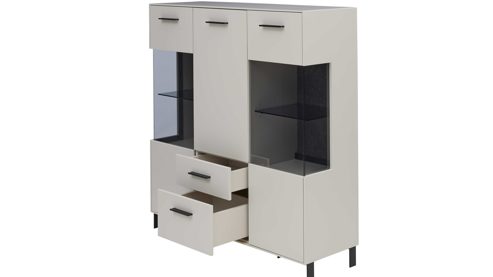 Highboard Interliving aus Holz in Weiß Interliving Wohnzimmer Serie 2030 PLUS - Highboard Sahara Creme & Granitfurnier - drei Türen, zwei Schubladen, Breite ca. 120 cm