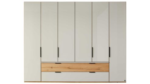 Kleiderschrank Interliving aus Holz in Hellgrau Interliving Schlafzimmer Serie 1034 – Kleiderschrank 754 champagnerfarbenes Glas & Kernholz – sechs Türen & zwei Schubladen, Breite ca. 300 cm
