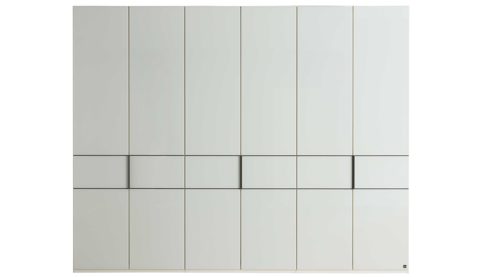 Möbelbeleuchtung Interliving aus Holz in Weiß Interliving Schlafzimmer Serie 1033 – Kleiderschrank 605 mit Beleuchtung weißes Glas & Holz – sechs Türen, Breite ca. 300 cm