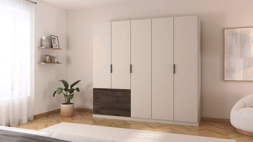 Kleiderschrank Rauch aus Holz in Weiß rauch ORANGE Koda - Drehtürenschrank Champagner & Atlantik Oak - fünf Türen, Breite ca. 225 cm