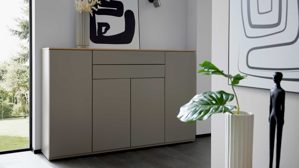 Highboard Interliving aus Holz in Grau Interliving Wohnzimmer Serie 2031 - Highboard BK18071 Grau & Risseiche - vier Türen, zwei Schubladen, Breite ca. 180 cm