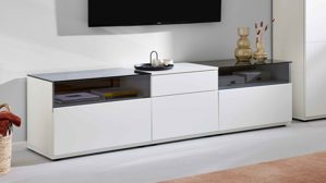 Wohnwand Interliving aus Holz in Weiß Interliving Wohnzimmer Serie 2031 - Wohnwand EB33001 Tonweiß & graues Glas - Länge ca. 330 cm