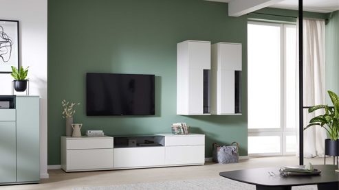 Wohnwand Interliving aus Holz in Weiß Interliving Wohnzimmer Serie 2031 - Wohnlösung Tonweiß & graues Glas - Länge ca. 270 cm