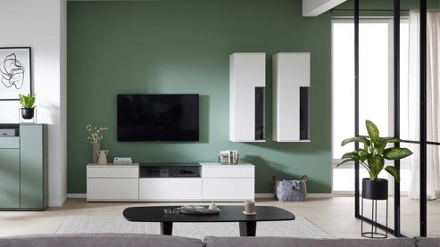 Wohnwand Interliving aus Holz in Weiß Interliving Wohnzimmer Serie 2031 - Wohnlösung EB27001 Tonweiß & graues Glas - Länge ca. 270 cm