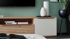 Lowboard Interliving aus Holz in Beige Interliving Wohnzimmer Serie 2032 - Lowboard Sandbeige & Balkenbuche - dreiteilig, Länge ca. 210 cm