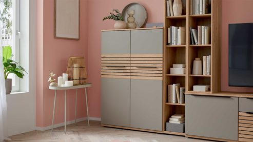 Wohnwand Interliving aus Holz in Grau Interliving Wohnzimmer Serie 2032 - Wohnwand EB31503 Grau & Risseiche - Länge ca. 315 cm