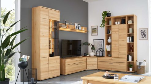 Wohnwand Interliving aus Holz in Holzfarben Hell Interliving Wohnzimmer Serie2110 - Eck-Wohnlösung EBE287-22701 Naturbuche - Stellfläche ca. 287 x 277 cm