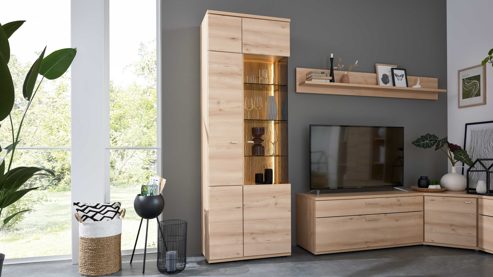 Wohnwand Interliving aus Holz in Holzfarben Hell Interliving Wohnzimmer Serie2110 - Eck-Wohnlösung EBE287-22701 Naturbuche - Stellfläche ca. 287 x 277 cm