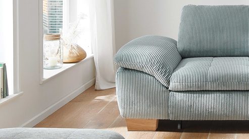 Ecksofa Megapol aus Stoff in Hellblau Polsterprogramm VS-MP1028 - Ecksofa aquafarbener Cord & Holzfüße - Stellfläche ca. 306 x 197 cm
