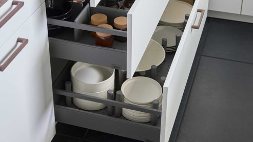 Einbauküche culineo® aus Holz in Weiß Culineo® Einbauküche C615 mit Einbaugeräten Alpinweiß & Walnuss - Stellfläche ca. 280 x 305 cm