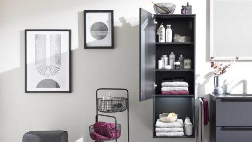 Midischrank Interliving aus Holz in Schwarz Interliving Bad Serie 7945 - Midischrank Graphitschwarz – eine Tür