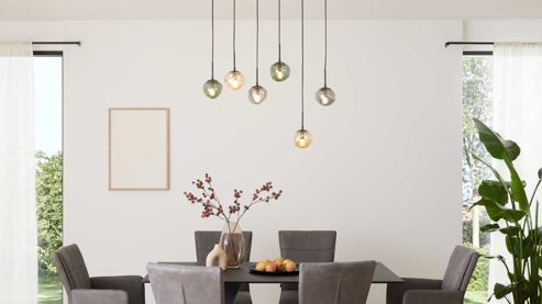 Pendelleuchte Interliving aus Glas in Mehrfarbig Interliving Leuchten Serie 9350 - Hängelampe Glas in Amber, Grün & Rauch - sechs Lampenschirme