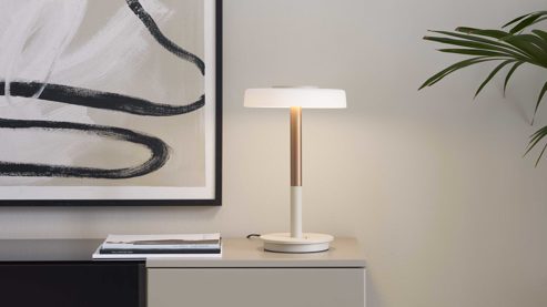 Tischleuchte Interliving aus Metall in Hellgrau Interliving Leuchten Serie 9351 - Tischlampe warmgraues & kaffeefarbenes Metall - Höhe ca. 35 cm