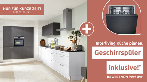 Einbauküche Interliving aus Holz in Grau Interliving Küche Serie 3019 mit AEG Einbaugeräten Weiß & Stahlgrau – zweizeilig