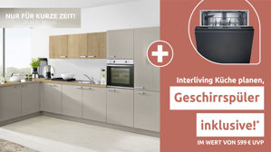 Einbauküche Interliving aus Holz in Hellgrau Interliving Küche Serie 3052 mit privileg Einbaugeräten Lava Hochglanz & Chalet Eiche – Stellfläche ca. 185 x 380 cm