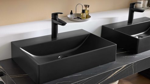 Badmöbel-Set Interliving aus Holz in Schwarz Interliving Bad Serie 7198 – Badmöbel-Set mit Extras Eiche Sierra & Marmor Venato Nero