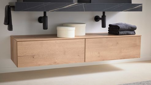 Badmöbel-Set Interliving aus Holz in Schwarz Interliving Bad Serie 7198 – Badmöbel-Set mit Extras Eiche Sierra & Marmor Venato Nero