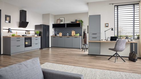 Einbauküche culineo® aus Holz in Dunkelgrau Culineo® Einbauküche C357 mit gorenje Einbaugeräten Schiefergrau & Schwarzglas - zweizeilig