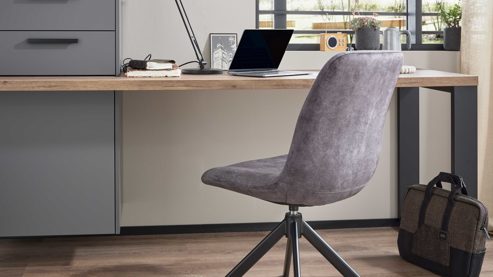 Einbauküche culineo® aus Holz in Dunkelgrau Culineo® Einbauküche C357 mit Homeoffice-Platz Schiefergrau & Schwarzglas - dreizeilig