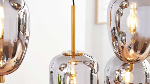 Pendelleuchte Interliving aus Glas in Grau Interliving Leuchten Serie 9334 - Hängeleuchte Rauchglas & schwarzes Metall – Länge ca. 102 cm